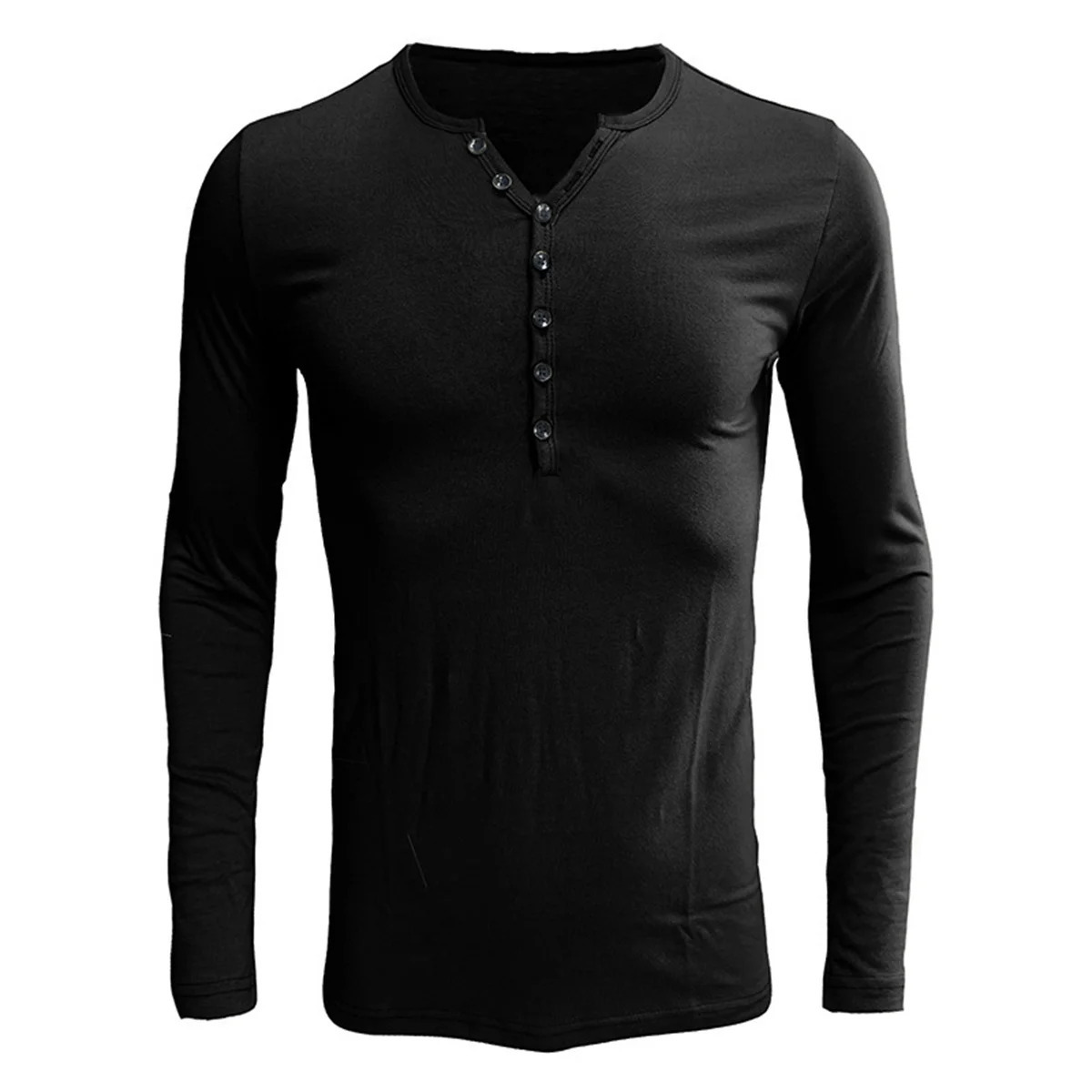 Spring and autumn breathable mens casual 7 button round neck long sleeve solid color comfortable outdoor top Polo 250107Z