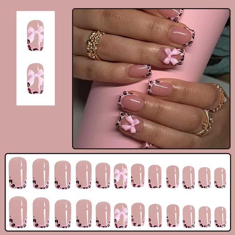 Sweet Cool Nail Sticke With Short Bright Flour Leopard Print Bow Wear Nails Removable Fake Nails Patch Type Wearable ManicureXJ250110-image-1041377901