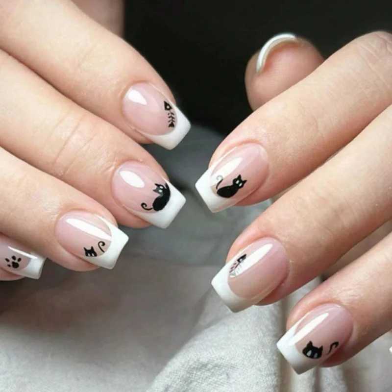 24pcs Square False Nail Pink French Cute Black Cat Design Halloween Style Girl Art Press on Nails with nail tools for Women GiftXJ250110-image-1041376765