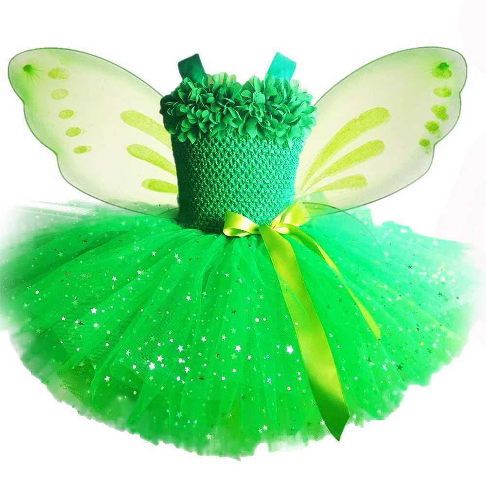 Girls Green Sparkling Tutu Dress Childrens Flower Fairy Dress Butterfly Wing Set Childrens Par Dress Sparkling Star Dress W250111-image-1041489076