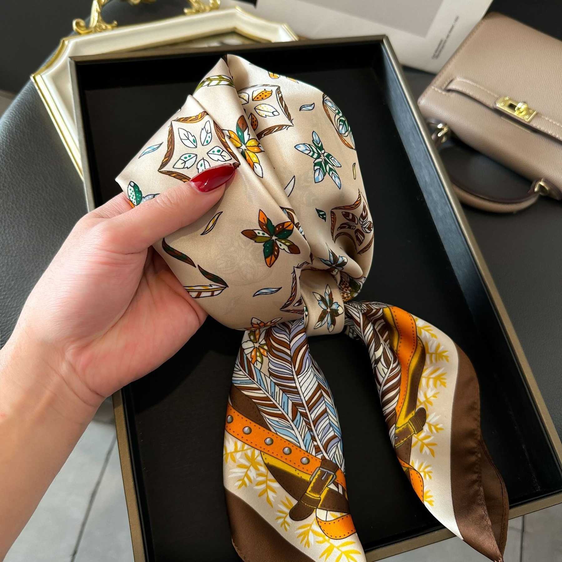 Sarongs 70*70cm Women Square Silk Scarf Luxury Brand Large Shawl Neckerchief Print Headband Female Foulard Bandana Wraps Hijab Scarves H25111-image-853066739