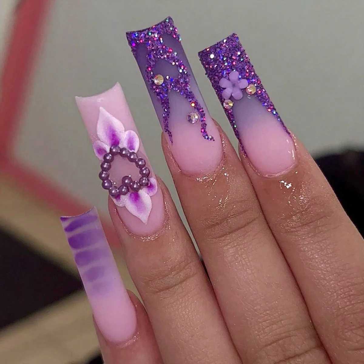 Black Friday y2k 24pcs hand-worn nail coffin A French wear nail piece purple pink flower super long diamond three-dimensional naXJ250110-image-1041376596