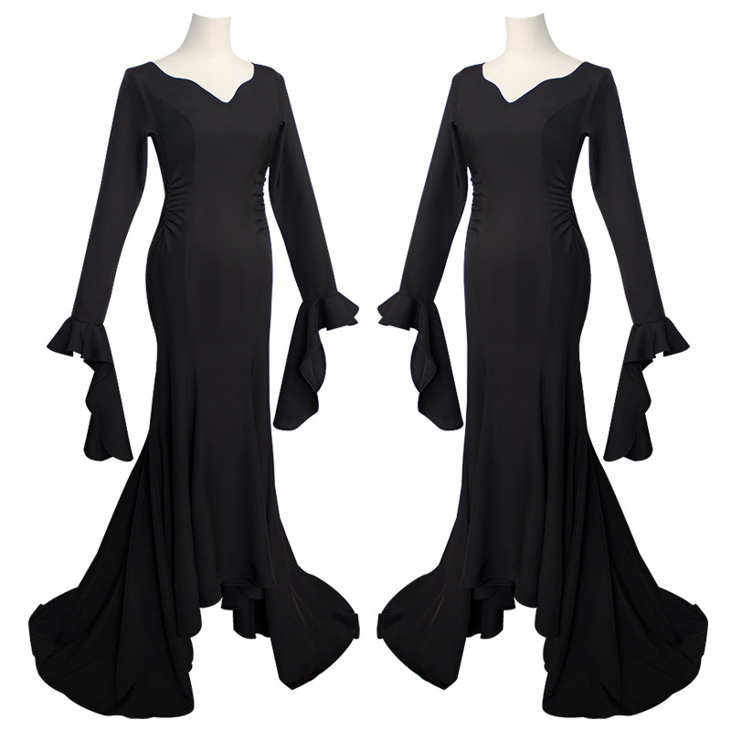 Hot Ladies Morticia Addams Halloween Carnival Costume Ladies Adult Addams Family Costume Large Size Dress V-neck Long Sleeve New