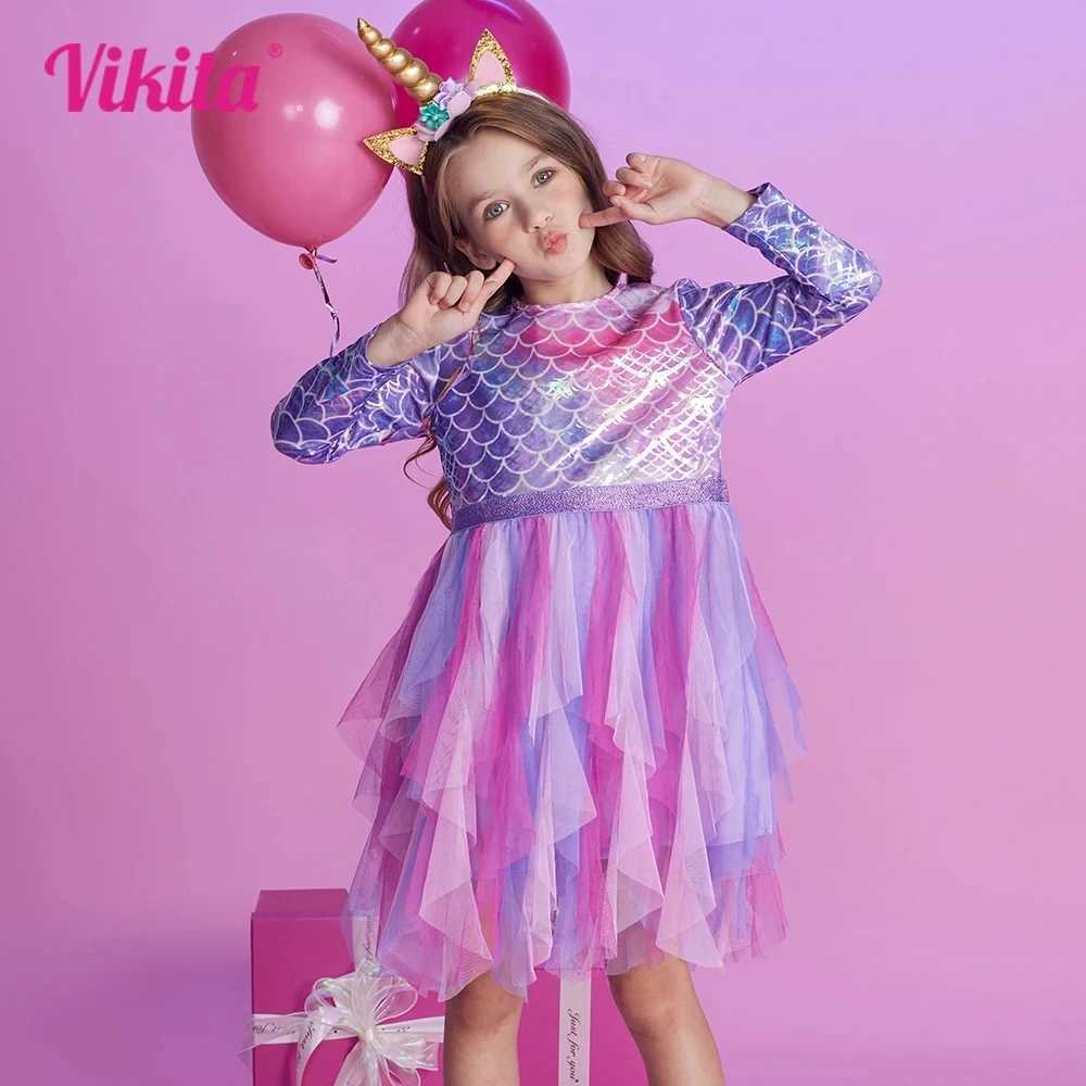 Vegeta girls mermaid print dress childrens autumn spring long sleeved irregular dress girls chiffon net Tutu Par princess dress W250111-image-1041489400