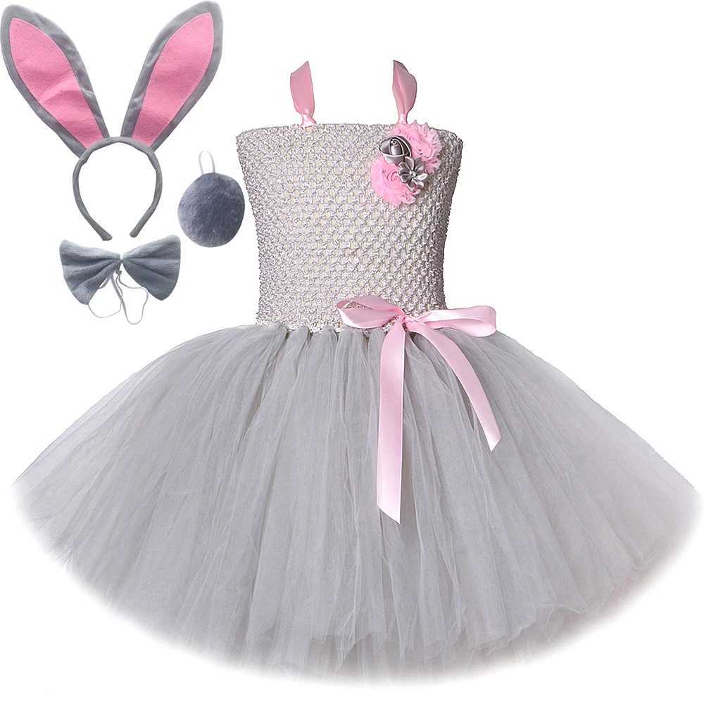 Pink gray Easter bunny costume for girls bunny Tutu dress and ear tie set childrens Halloween animal costume birthday costume W250111-image-1041489829