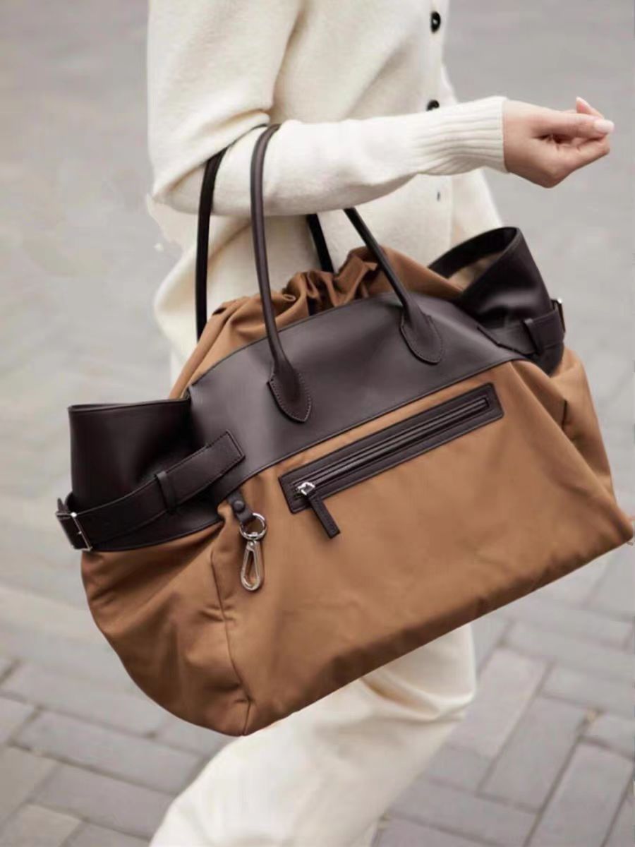 Designer Genuine Leather And Canvas Duffel Bags Handbag Suede Leather Shoulder Bag Big Capacity Park Minimalist Style Retro Boston Bag Travel Sho-image-1041496078