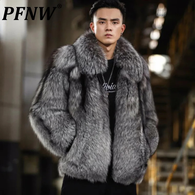 PFNW Mens Thicked Winter Coat Warm Soft Silver Faux Fur Loose Fit Casual Oversized Jacket Fashion 2024 12C1171 250107Z