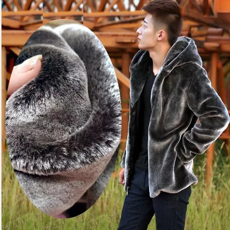 Mens Winter Warm Faux Fur Mink Jackets Coats Male Solid Color Casual Soft Plush Fluffy Hooded Jacket Outerwear 250107Z