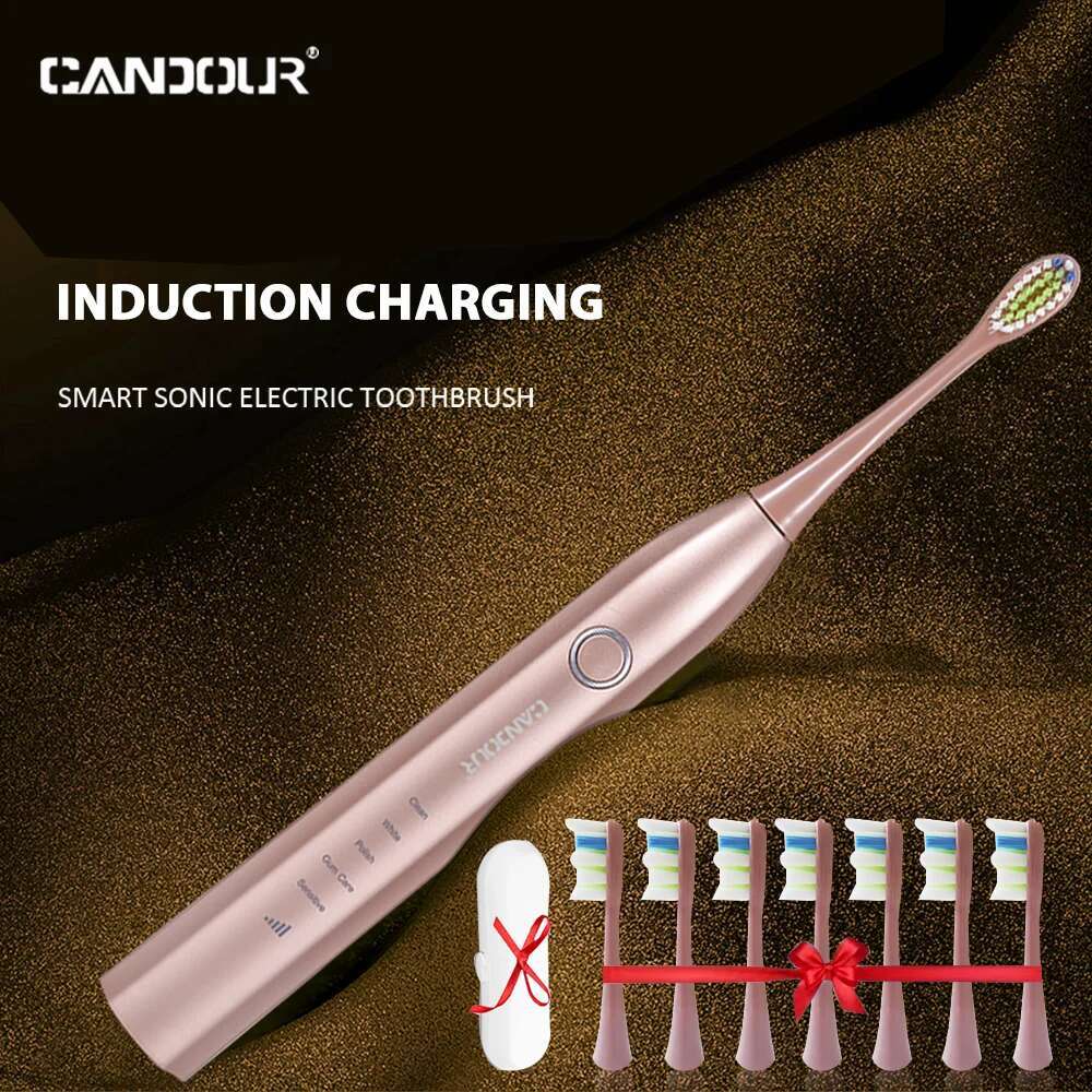 CANDOUR CD-5168 Sonic Electric Rechargeable Toothbrush IPX8 Waterproof 15 Mode USB Charger Replacement Heads Set-image-1041598920