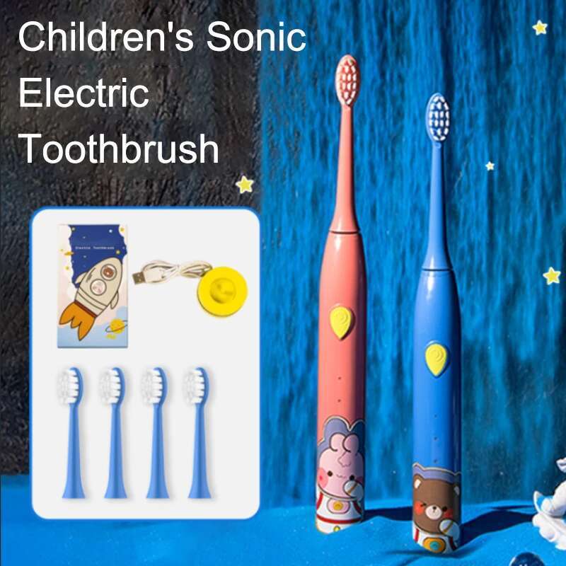 Sonic Electric 3 Modes With 4 Replace Brush Heads Kids cleaning teeth Cartoon Toothbrush Rechargeable for Children-image-1041598273