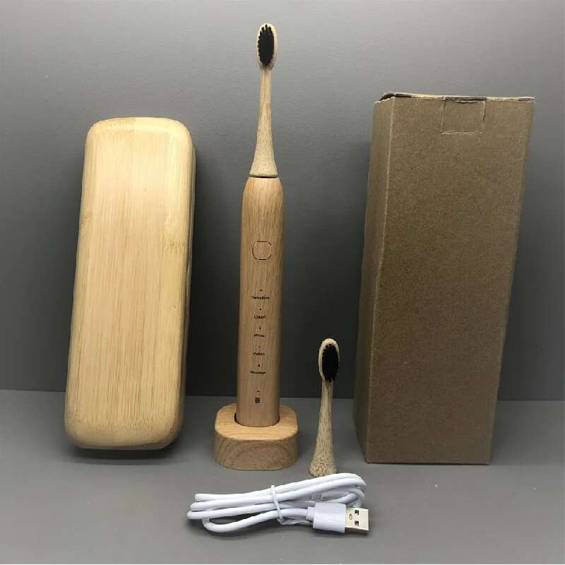 Electric Toothbrush Wireless Rechargeable Ultrasonic Smart Sensor Soft Bristle Adult With Bamboo Case Intelligent Timing-image-1041598333