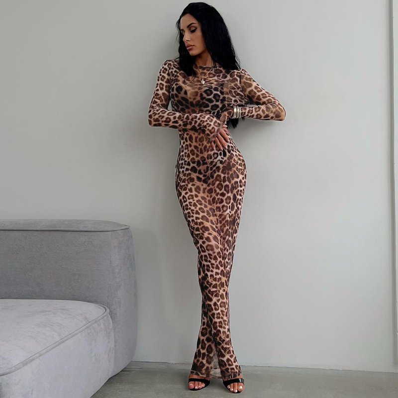 Dress Summer Women Leopard Print Mesh O Neck Long Sleeve Sexy See Through Maxi Fashion Outfits Beach Vacation Nightclub