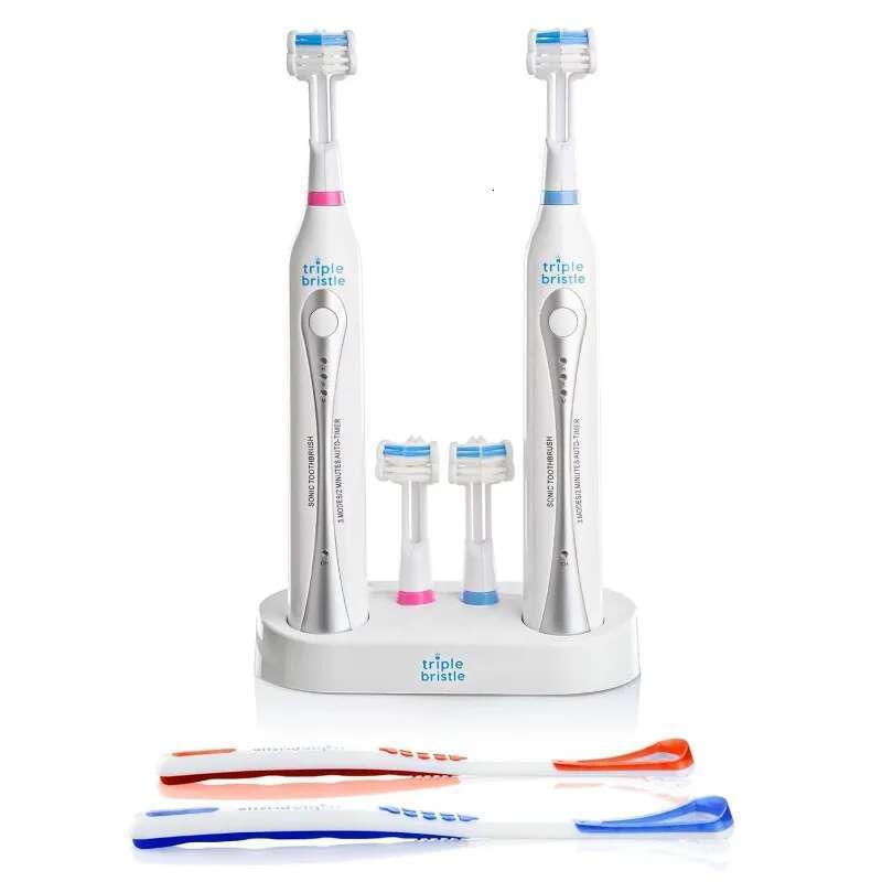 Triple Bristle 2 Electric Toothbrushes with Dual Charging Station, 3-Sided Sonic Brush, 31,000 VPM, Rechargeable Toothbrush Set-image-1041599061