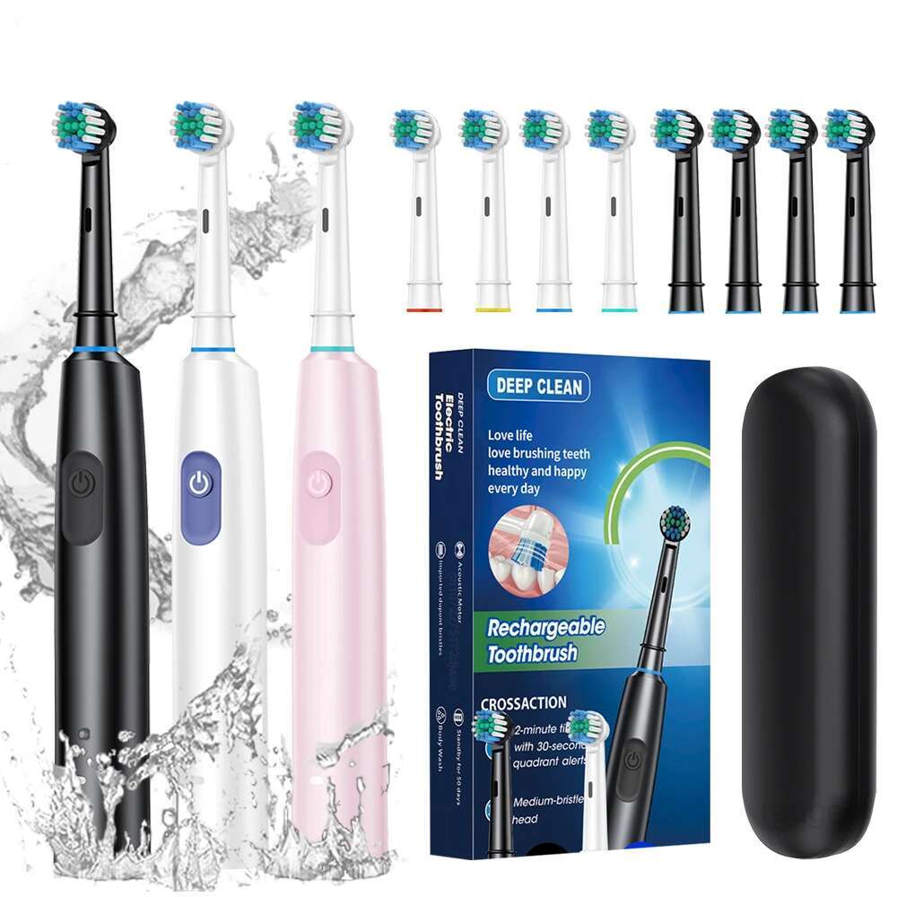 Rotating Adult Teeth Deep Clean Whitening Electric Toothbrush with Replacement Brush Heads and Travel Case-image-1041598847