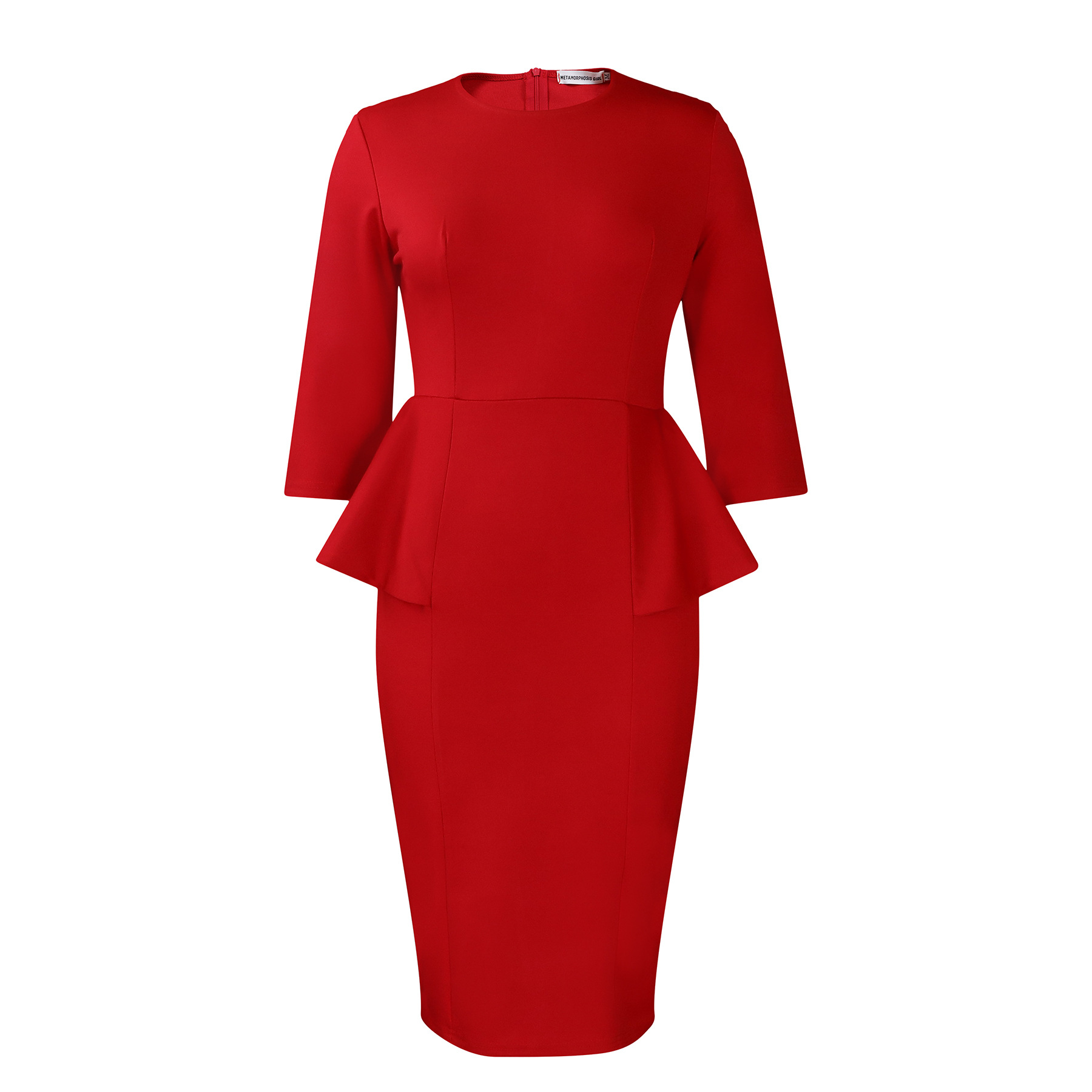 (134) Women's Spring New Foreign Trade Solid Color Round Neck Ruffle Hip OL Professional Dress