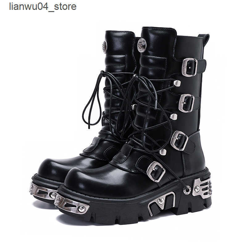 Boots Rock Boots Retro Both Men And 2025 New Dark Punk Leather Metal Niche Motorcycle Platform Shoes For Women 5cm heel H250113