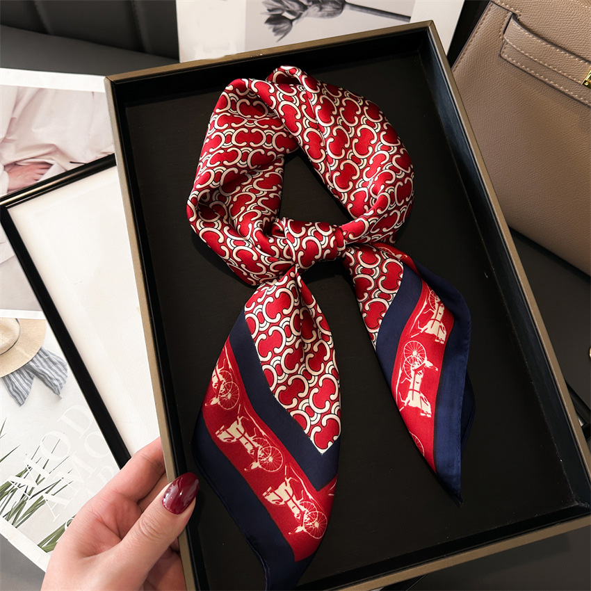 70X70cm Simple Geometry Print Floral imitate Silk Scarf Headband for Women Girls Fashion Long Handle Bag Scarves Paris Shoulder Tote Luggage Ribb