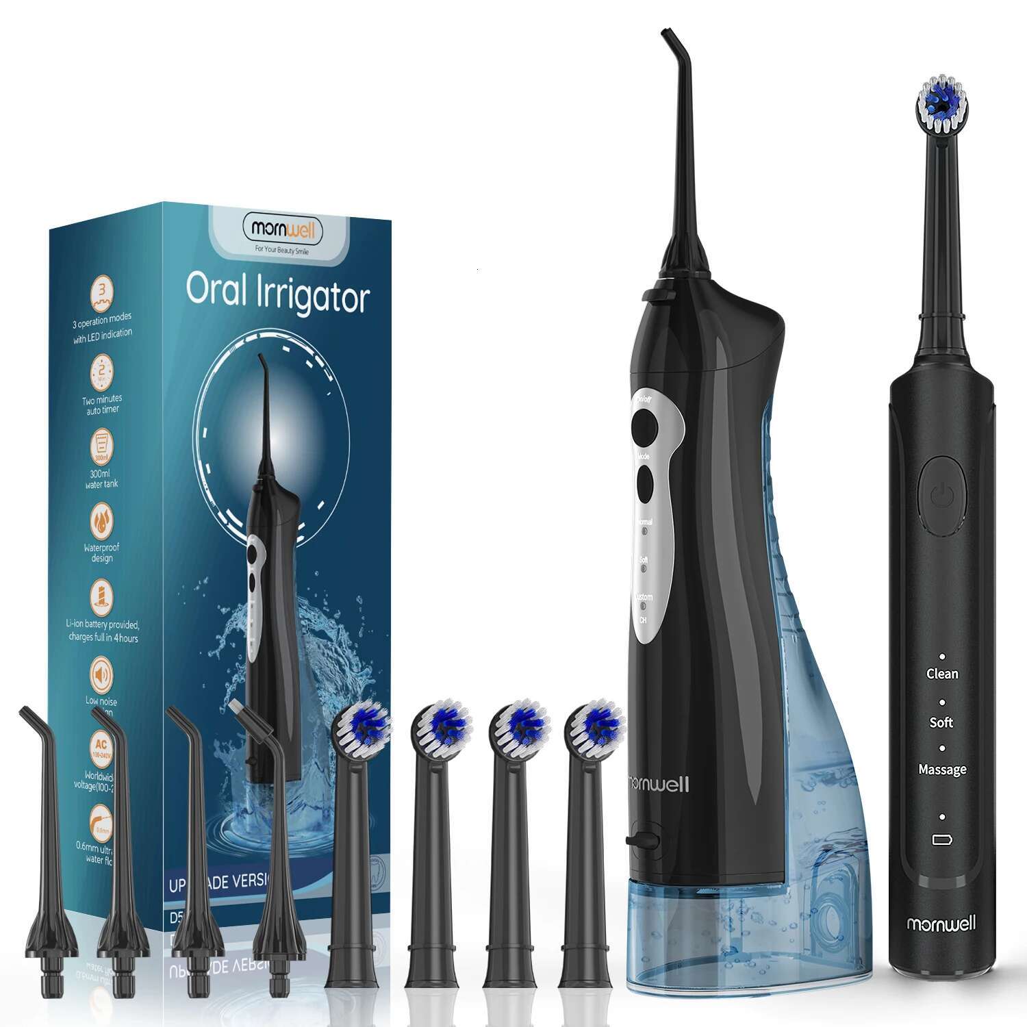 Water Dental sser, Jet Tips 4 Modes 270ML Oral Irrigator and Rotation Electric Sonic Toothbrush Black Set for Home Travel-image-1041597865