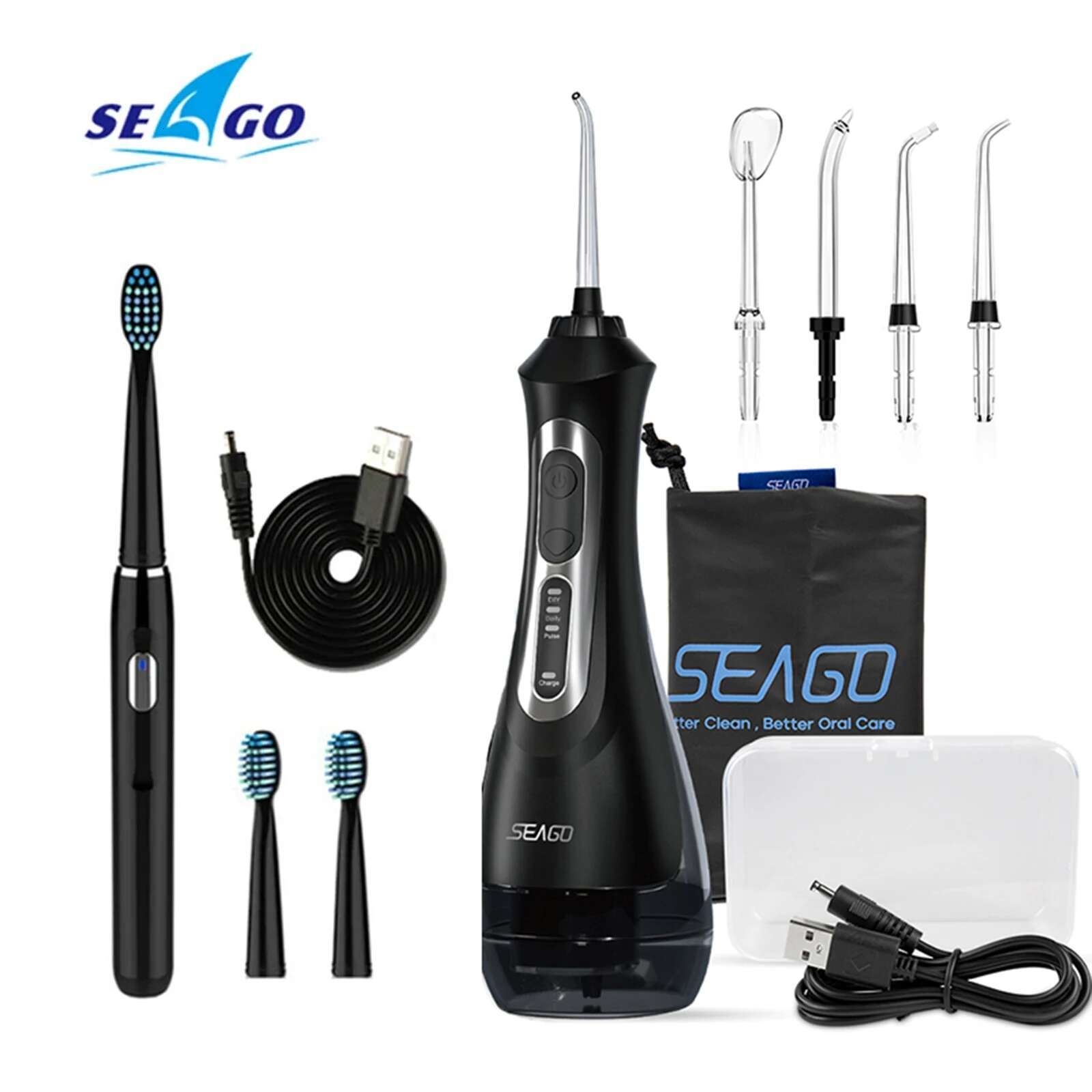 Seago Electric Toothbrush and Water sser for Adults Rechargeable Multiple Clean Functions White Black Home Gift-image-1041597549