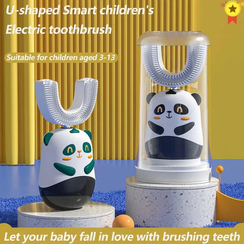 Smart Kids Sonic Electric Toothbrush 360° U type design and Silicon bristles. Automatic ultrasonic cleaning with base char-image-1041598428