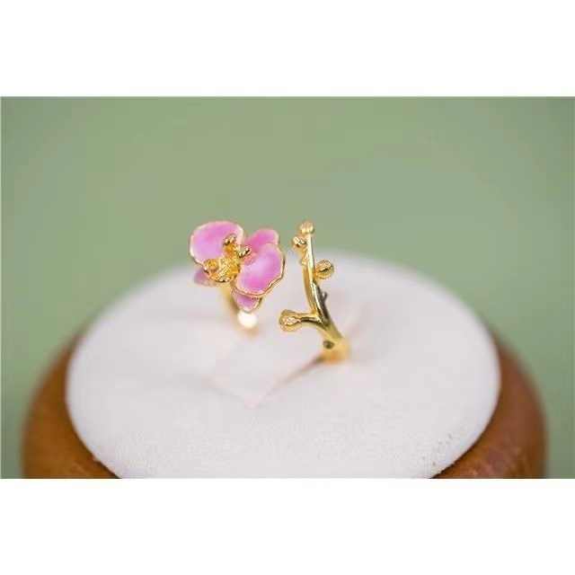 Retro Enamel Butterfly Orchid Flower Ring for Women Fashion Simple Pink Color Adjustable Open Finger Ring Party Weeding Jewelry