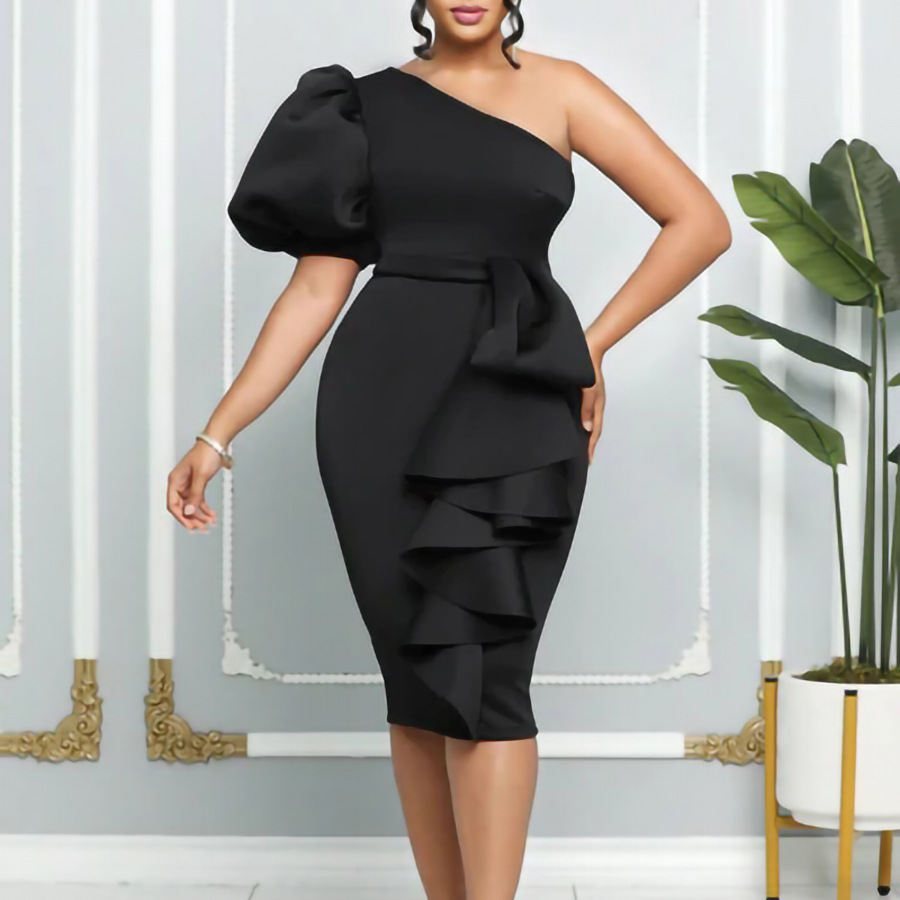 (261) New style oblique shoulder puff sleeve hip sexy dress plus size dress