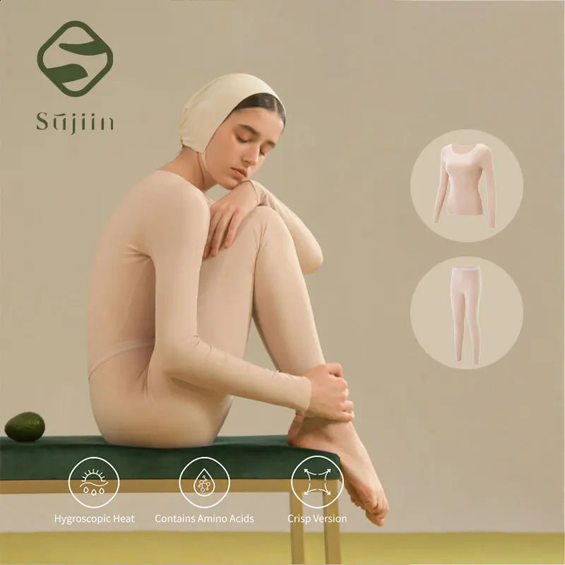 SUJIIN Womens Thermal Underwear Set Winter Round Neck Thermals Tops Ladies Long Johns AntiStatic Two Pieces Woman Sets WC050 250102Z