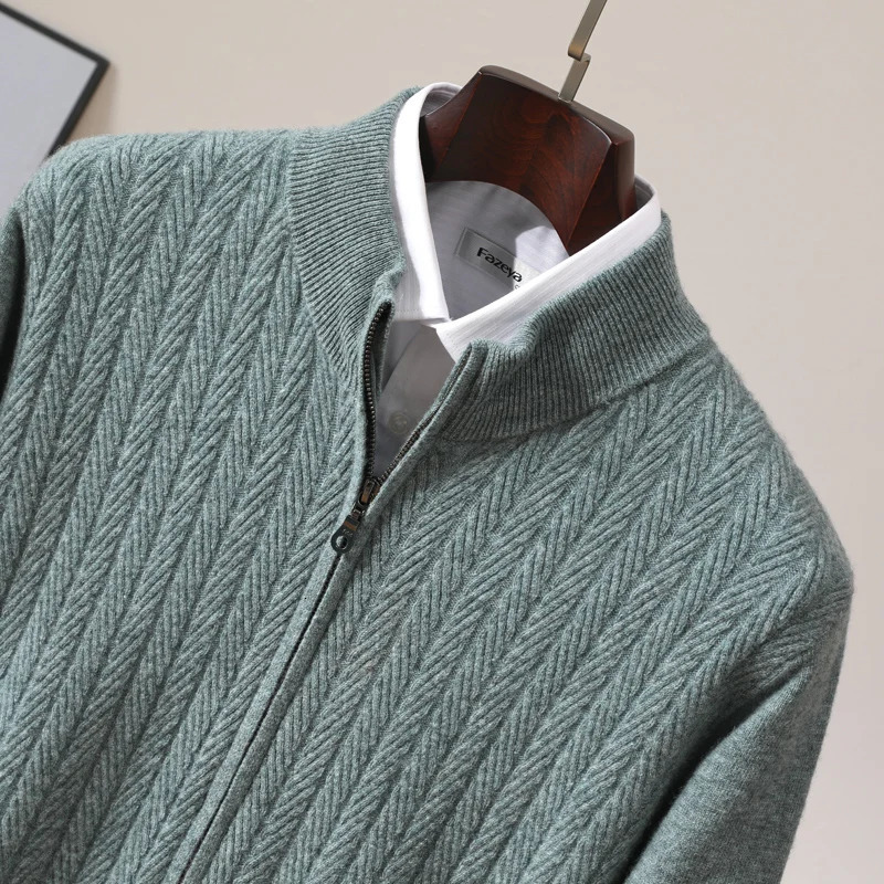 Mens Autumn And Winter Top 100% Merino Wool Knit Sweater With Zipper Stand Up Collar And Wheat Grain Pattern Cardigan 250113