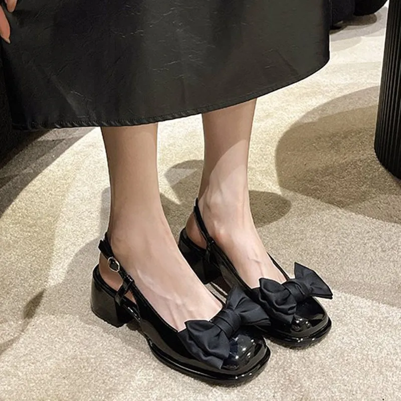 Square Toe Sandals Black Pink Women's Spring Summer New Shallow Bow Women's Shoes Thick Mid Heel Buckle Sandalias Mujer Verano