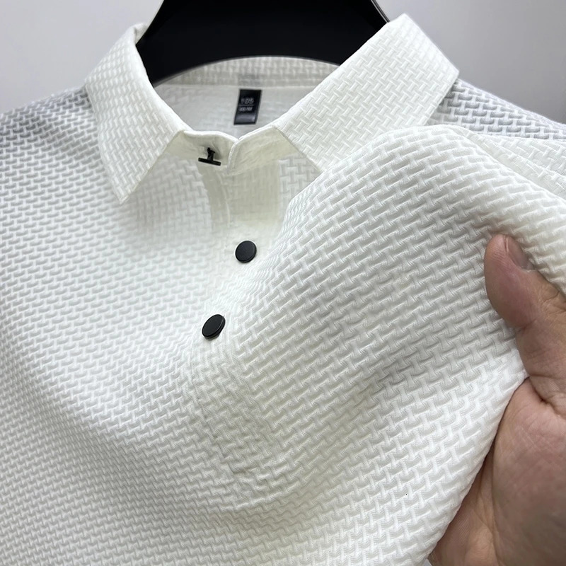 Silk Knitted Hollow Polo Shirt Korean Edition Mens Summer Fashion Business Leisure Cool and Breathable Short Sleeved Top 250107Z