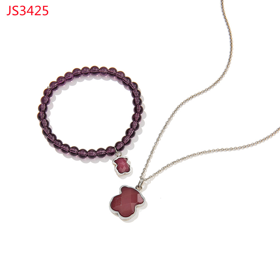 Hot Fashion Women Men Silver Gold Stainless Steel Bear Animal Black Pink Red Green Bead Glass Pendant Bracelet Sets Jewelry-image-1093972648