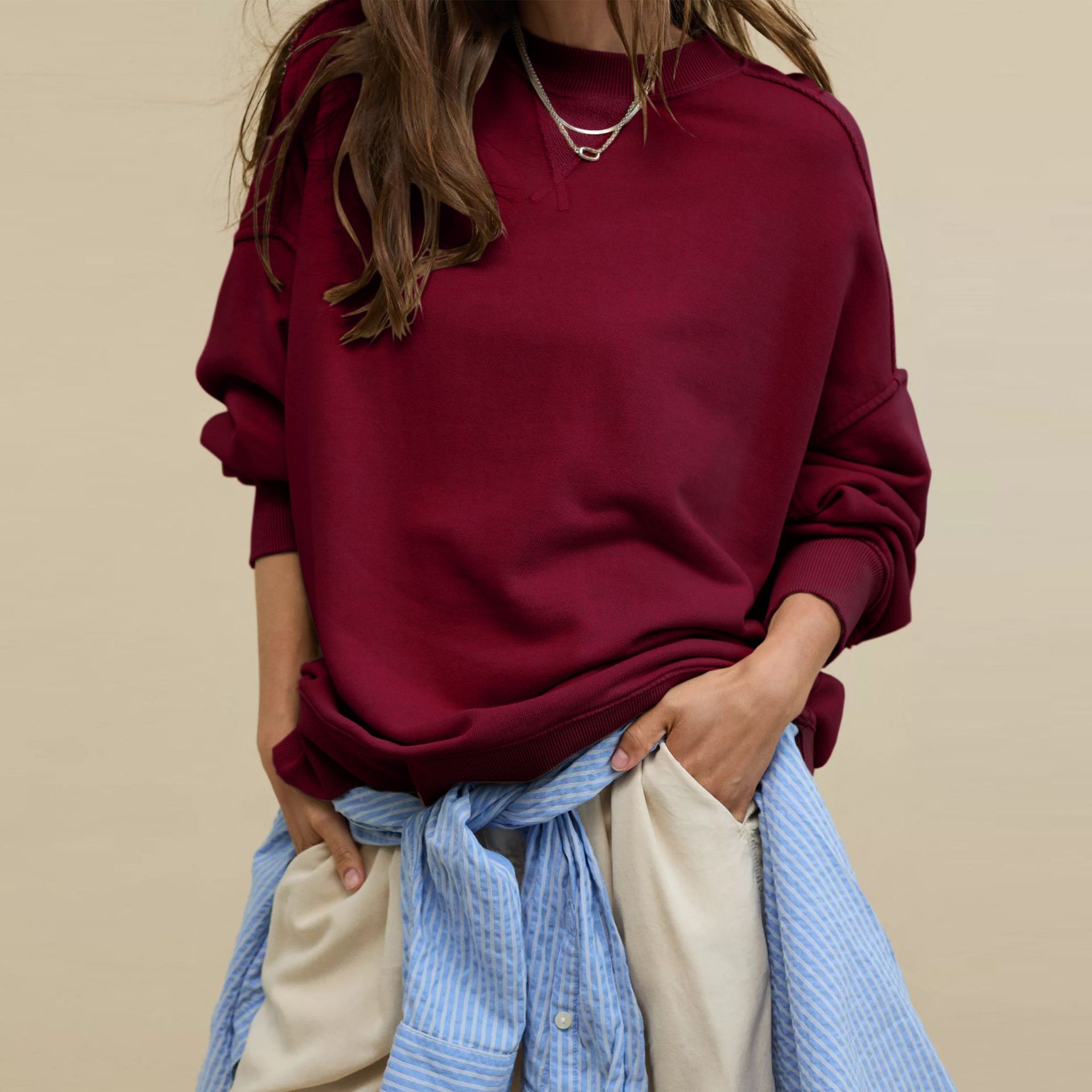 O601 WomensTrend Wind Solid Color Loose Sweater Autumn and Winter Round Neck Personality Pullover