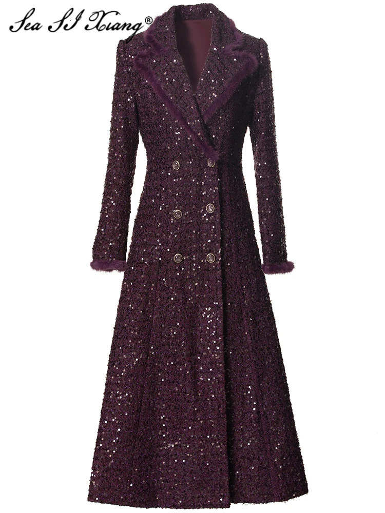 Seasixiang Double Breasted Sequins Tweed Coat For Women Turndown Collar Long Sleeves Feathers Office Lady Outerwear Female 250107Z
