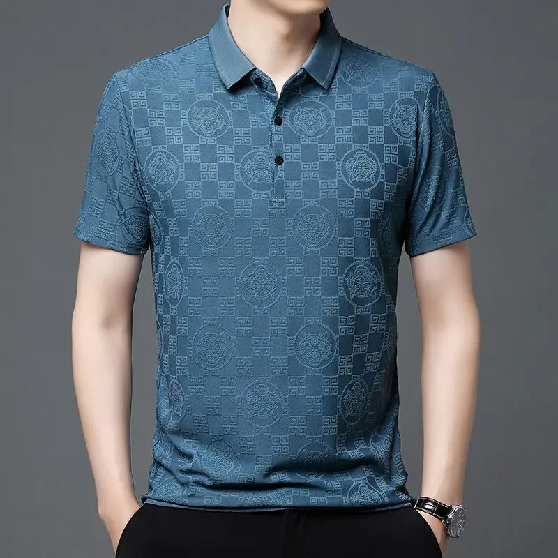 Trend Versatile Summer Polo Shirts Ice Silk Mens Turndown Collar Solid Button Jacquard Weave Casual Loose Short Sleeve Tops 250107Z