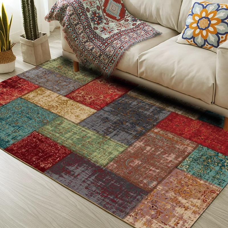 Nordic ethnic style carpet splicing pattern bedroom room American folding washed floor mat-image-1041984510
