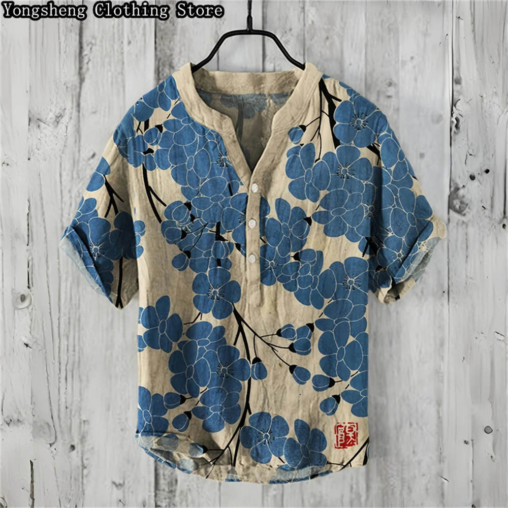 Summer mens shortsleeved POLO shirt linen printed European and American element large size S5XL 250107Z