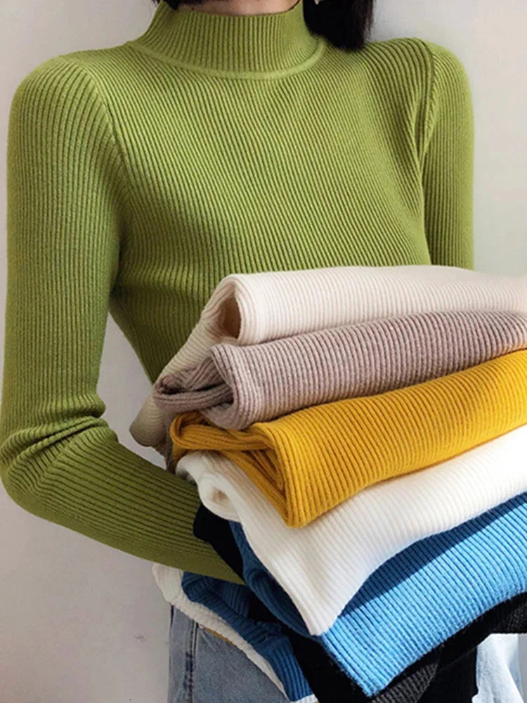 Autumn Winter Mock Neck Women Sweater Vintage Basic Solid Knitted Tops Casual Slim Pullover Korean Sweaters Simple Chic Jumpers 250107Z