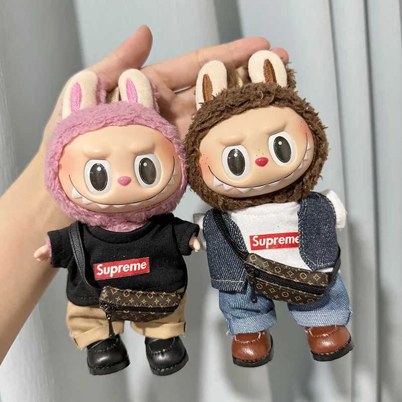 Doll Apparel 17cm New Only Selling Clothes Cute Mini Plush Dolls Kawaii Labubu T-Shirt Sling Jumpsuit Jacket Style Children Gift H250116-image-1042098006