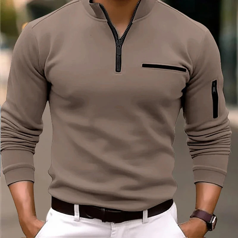 Spring Fashion Zipper n Polo Shirts 2024 Casual Solid Color ONeck Tees Pullover Men Clothing Long Sleeve 250107Z