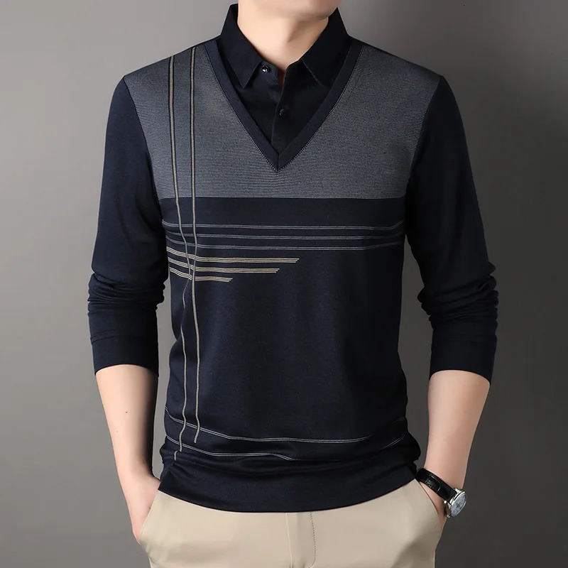 Spring Autumn Striped Printing Two Pieces Polo Shirts Mens Clothing Long Sleeve Casual Loose Bottom Layer Shirt Chic Tops 250107Z
