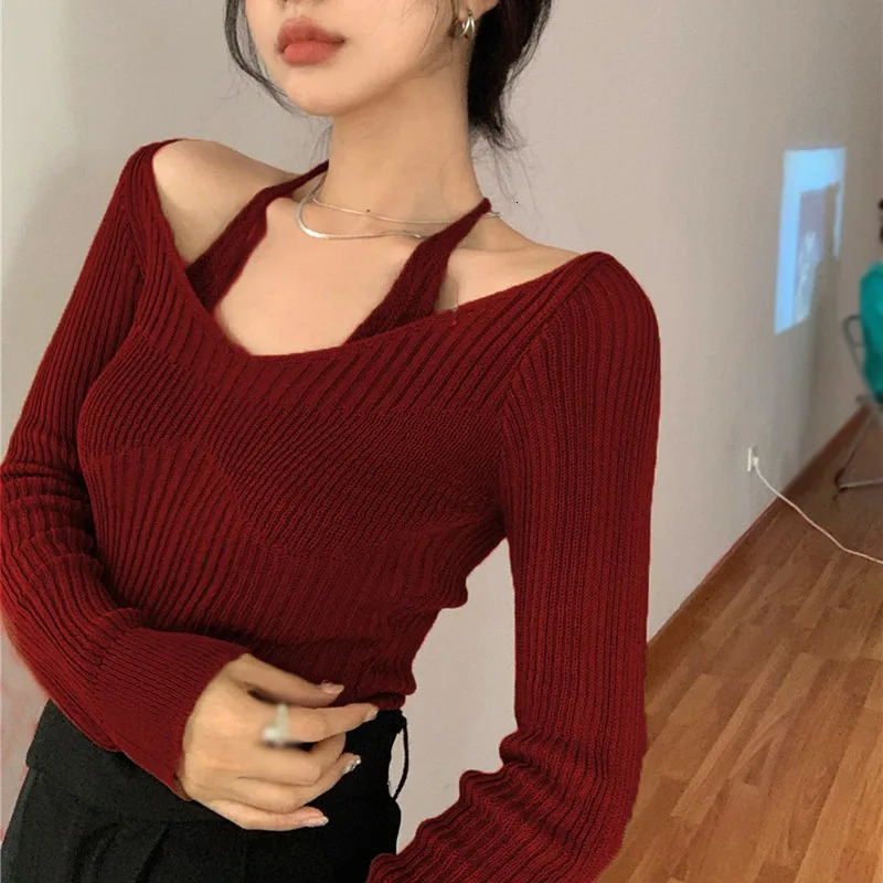 Womens Korean version Long Sleeve Sweater Off Shoulder Sexy Knitted Pullover Jumper Sweaters Knit Casual Loose Blouse 250107Z