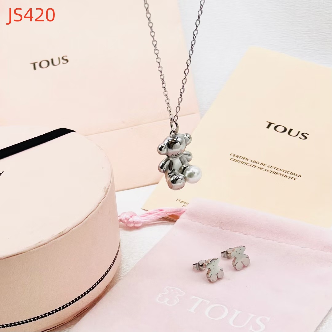 Fashion Women Silver Gold Stainless Steel Bear Pink White Bead Pendant Bracelet Earrings Sets Jewelry-image-1042216230