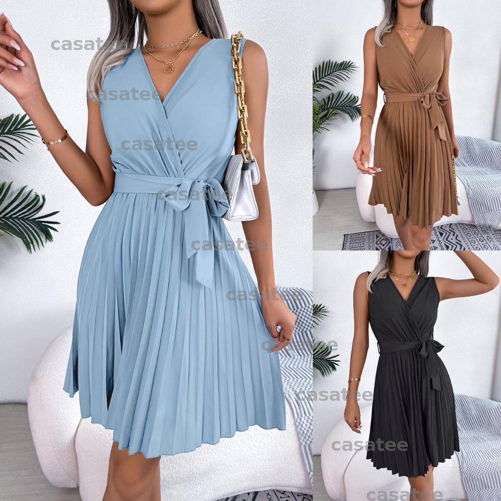 Mode femmes col en V robe d'été robe de luxe sans manches femmes robe d'affaires sexy jupe longue printemps robes de haute qualité AYP25011713 PT