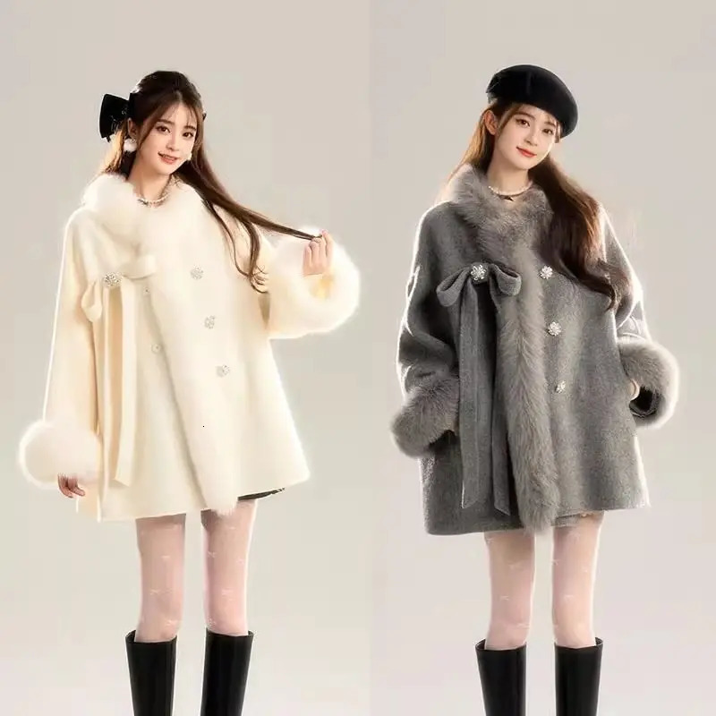 French Style Doublesided Cape Coat and Jacket Autumn Winter Highend Retro Harajuku Y2K Gray Long Woolen 250107Z