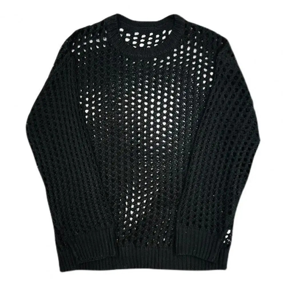 Comfortable Men Shirt Mens Hip Hop Mesh Fishnet Clubwear Top Solid Color Round Neck Long Sleeve Seethrough Pullover for 250107Z