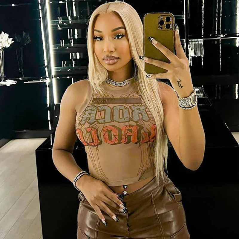 Sifreyr Letter Print Mesh Tank Tops Women Sexy O-Neck Sleeveless Slim T-Shirt Summer Vacation tie Outfits Graphic Tees 250115