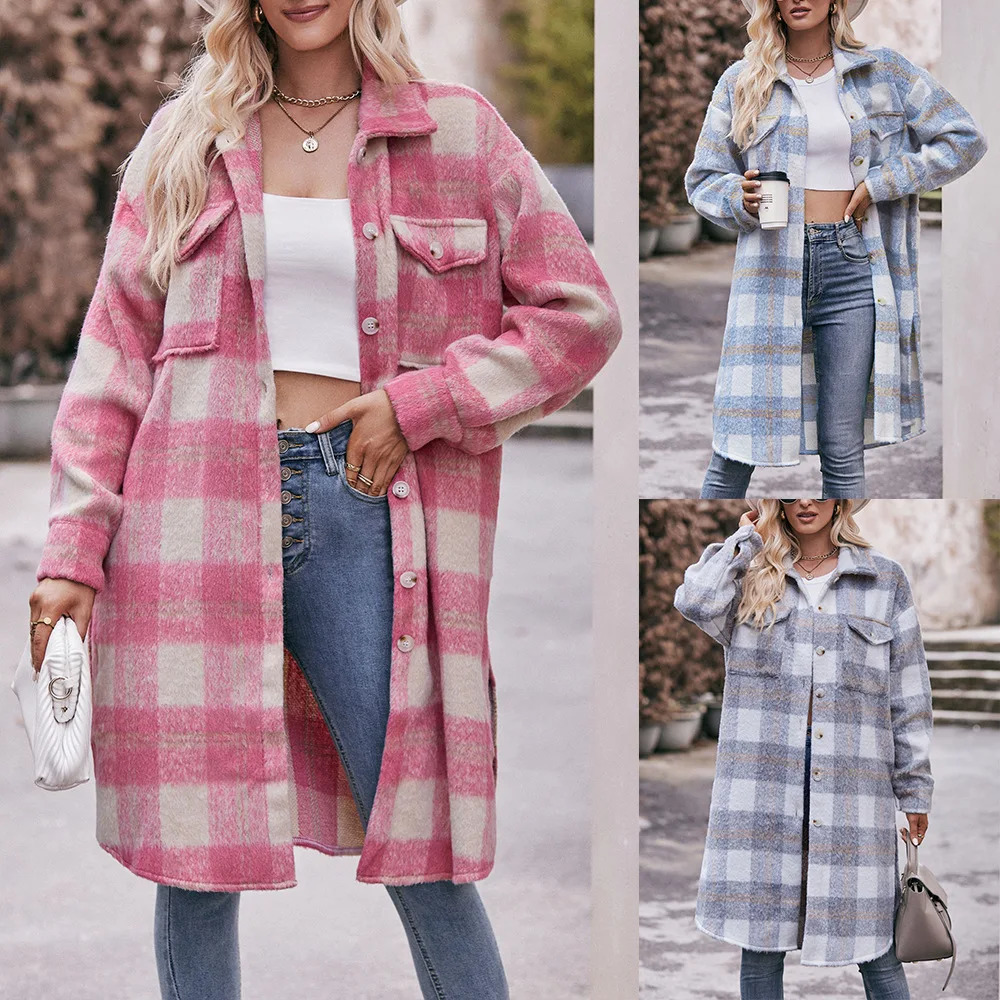 2024 Autumn Winter Womens Tweed Jacket Long Plaid Singlebreasted Coats Oversize Trench Coat Female Warm Outwears 250107Z