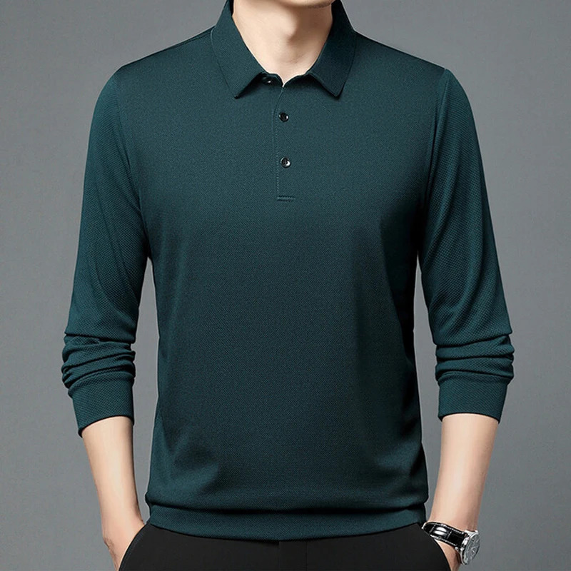 Spring and Autumn Long Sleeved Lapel Polo Golf Tshirt Business Casual Simple Mens Top 250107Z