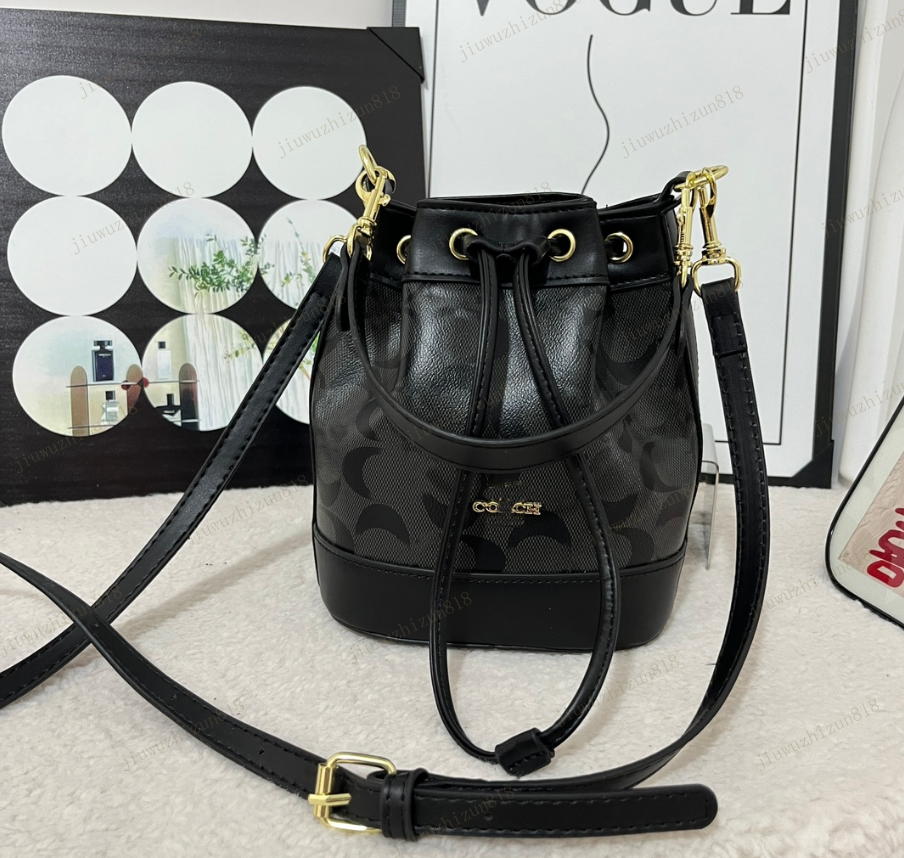 Designer bag bucket bag shoulder bag for womens genuine leather letter large capacity crossbody bag metal buckle handbag outdoor party black
