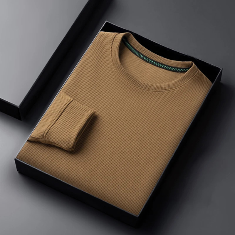 2024 Mens Casual Fashion Long Sleeved Round Neck Tshirt Waffle Comfortable Top 250107Z